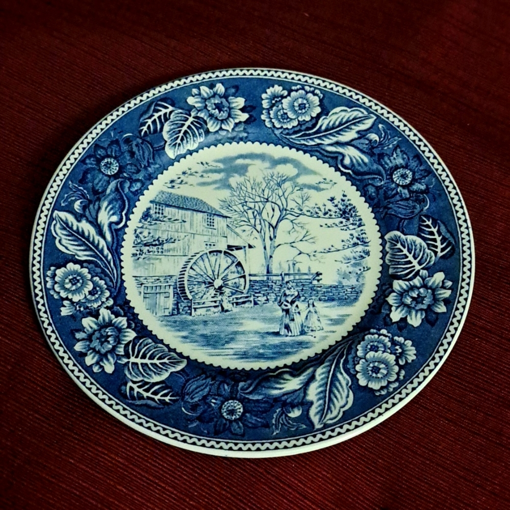 Blue Transferware Decorative Dinner Plate - Classic Floral Mill Scene